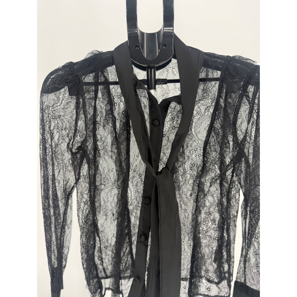 Zara Womens Black Sheer Floral Lace Tie Neck Button Down Blouse Top XS - Picture 2 of 6